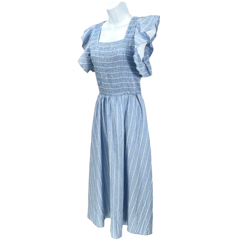 Simplee Linen Striped Smock Midi Dress‎ w/ Ruffled Cap Sleeve & 2 Pockets - Picture 4 of 9